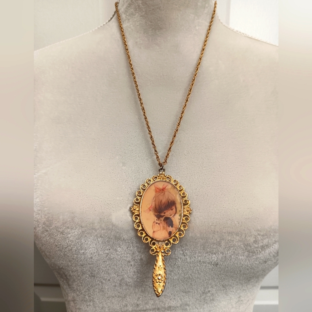 Vintage Kitten Girl Gold Pendant Necklace